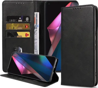 Obrázek produktu pro Smartphonica Pouzdro na telefon vhodné pro Oppo Find X3 Pro Pouzdro z umělé kůže s magnetickým zapínáním a držáky na karty Pouzdro typu kniha s klopou - černé