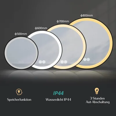 Produktbild von EMKE LED Badspiegel Rund 60 cm Durchmesser LED Spiegel Badezimmerspiegel mit Beleuchtung 3 Lichtfarbe 3000-6400K Kaltweiß Neutral Warmweiß Dimmbar Lichtspiegel mit Touchschalter IP44 Energiesparend (Schwarz Design)