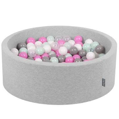 Obrázek produktu pro KiddyMoon 90x30cm/200 míčků ∅ 7cm Kulatý Suchý Bazén s míčky Certifikováno vyrobeno v EU, Světle Šedý: Průhledný/Šedá/Bílý/Růžový/Mátový