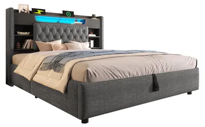 Produktbild von Polsterbett 140x200 cm Grau aus Leinen mit Hydraulik-Stauraum, LED und USB-/Typ-C-Ladefunktion, ohne Matratze