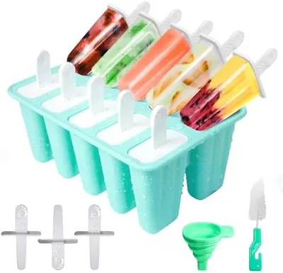 Produktbild von Eisformen Silikon, 10 Hohlräume Eis Am Stiel Formen, Antihaftend DIY Amüsant Eis Form, Eis Am Stiel Formen Mit Silikontrichter Und Reinigungsbürste, BPA-Freie