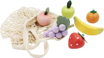 Image de Fruits en bois dans un filet en coton, 6 pièces