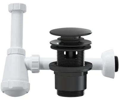 Obrázok produktu pre CERANO – Sifón k umývadlu – DN32-50/250 mm – lesklá biela s výpustom typu click-clack s prepadom – plast – 35/50 mm – matná čierna