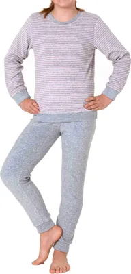 Produktbild von Mädchen Frottee Pyjama langarm mit Bündchen Schlafanzug mit Herz - Motiv - 65498 ; Ringel klein grau , 146