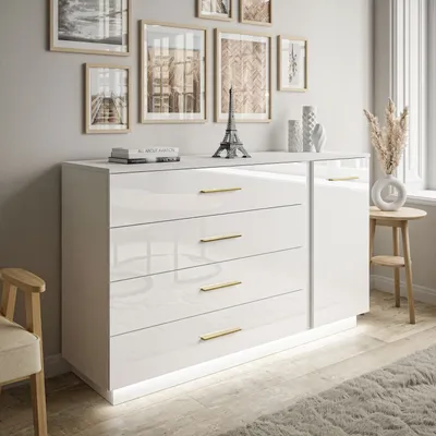 Produktbild von Kommode LINA II Weiß Hochglanz mit Goldenen Griffen und LED