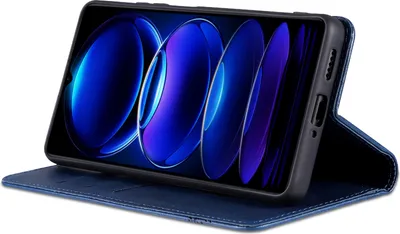 A blue leather flip case for a smartphone is shown standing upright, displaying the phone's screen.