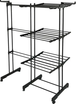 Immagine prodotto di Meisterhome® Stendino pieghevole Torre di lavanderia Asciugatura efficiente con 3 livelli, 2 ali laterali - Lunghezza della linea di asciugatura - Salvaspazio, versatile e mobile per interni ed esterni - Nero, lunghezza:25m