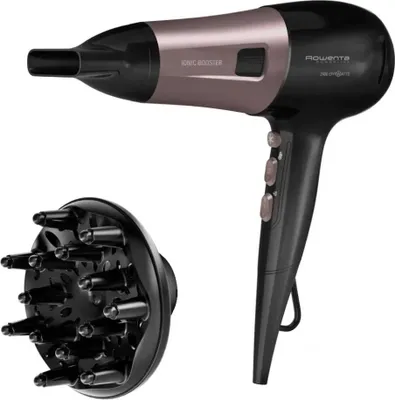 A black and rose gold Rowenta hairdryer and its diffuser attachment are displayed against a white background.