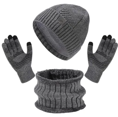 Immagine prodotto di Set unisex invernale: berretto, sciarpa e guanti, grigio, con fodera in pile, compatibile con touchscreen, per uomo e donna