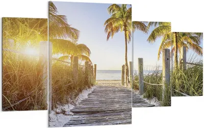 Produktbild von Bild auf Leinwand - Leinwandbild - 4 Teile - Strand Palmen Fußgängerbrücke - 160x90cm - Wand Bild - Wanddeko - Wandbilder - Leinwanddruck - Bilder - Wanddekoration - Leinwand bilder - DL160x90-4171