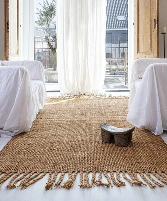 Imagen del producto de Alfombra de yute Unyqoos® de estilo "chunky", natural, 200 x 290 cm. Tejida a mano, robusta, con flecos, 2 kg/m², 8 mm de grosor