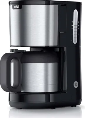 A studio shot of a black and silver Braun coffee maker.