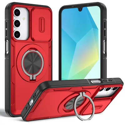 Produktbild von Magnetische Hülle für Samsung Galaxy A14 5G/4G, Militär Stoßfest Handyhülle mit Kameraschutz und Ringhalter Ständer Rot