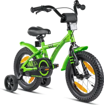 Produktbild von PROMETHEUS Kinderfahrrad 14 Zoll Jungen und Mädchen in Grün & Schwarz mit Stützräder | Aluminium Seitenzugbremse und Rücktrittbremse | inkl. Sicherheitspaket | ab 4 Jahre | 14“ BMX Edition 2018