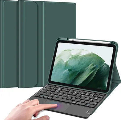 A tablet with a keyboard case and stylus is displayed, with a hand interacting with the touchpad.