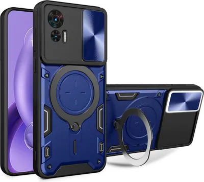 Immagine prodotto di Custodia per Motorola Edge 30 Neo Custodia resistente a doppio strato con copertura della fotocamera e supporto ad anello blu
