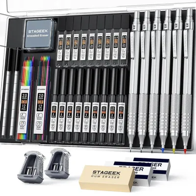 Produktbild von Druckbleistifte Set 6 Stück, 0,5 0,7 0,9 2,0mm, Metall, 384 Minen, Spitzer, Radierer, Silber