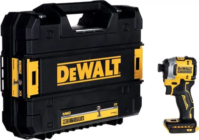A black and yellow DeWalt impact driver and its black storage case are displayed against a white background.