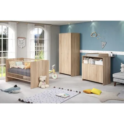Produktbild von Bett 70 x 140 cm + 2-türige Wickelkommode + 2-türiger Kleiderschrank – Nachbildung Eiche natur