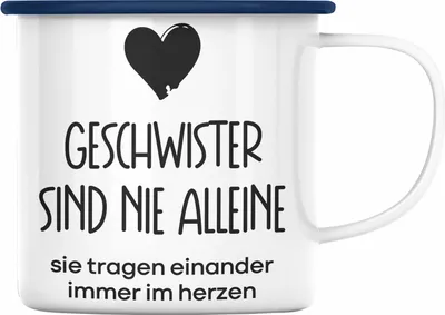 Produktbild von Trendation - Geschwister Sind Nie Alleine Emaille Tasse Geschenk Bruder Schwester Geschenkidee Geburtstag (Blau)