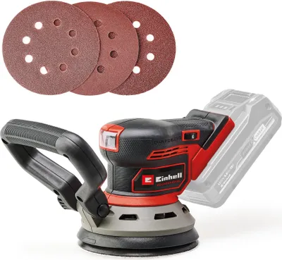 A cordless orbital sander with three sanding discs is displayed against a white background.