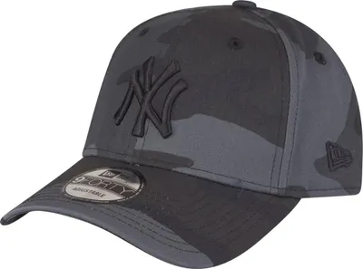 A close-up studio shot of a New York Yankees baseball cap with a camouflage pattern.