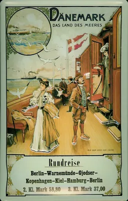 Produktbild von Blechschild Nostalgieschild Dänemark Rundreise Eisenbahn Schiff