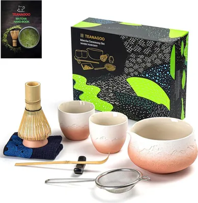 Produktbild von TEANAGOO Matcha Set: Schneebesen, Schale, Schaufel, Halter, Zubereitung, Teeset + 2 Tassen - Farbverlauf Rosa Weiß - 9
