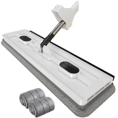 Produktbild von Wischmopp- und Eimer-Set, großer Flachwischer und Eimer, inklusive 2 waschbaren Mikrofaserpads, 360° drehbar für Nass- und Trockenreinigung, Reinigungssystem für alle Bodenarten und Fenster