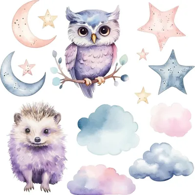 Produktbild von Wandaufkleber Kinderzimmer – Wandsticker für Baby & Kinder – Selbstklebende Wanddekoration – Abnehmbar ohne Rückstände – Deko für Mädchen & Jungen - Nachthimmel mit magischen Tieren in Aquarell80x106 cm