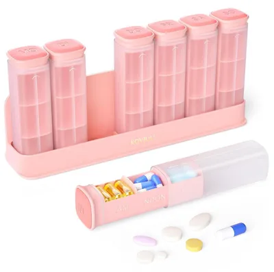 Obrázek produktu pro Krabička na tablety na 7 dní, s oddělenými přihrádkami pro ráno, poledne a večer, bez BPA, růžová, 3 přihrádky, odnímatelná, vzduchotěsná