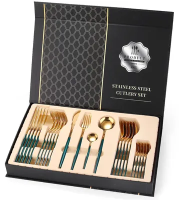 Produktbild von Besteck Set Edelstahl für 6 Personen 24-teiliges Besteckset hochglanzpoliert Spülmaschinenfest Luxury Box, Farben:Grün Gold