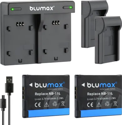 Produktbild von 2x Akku + Lader für Canon NB-11L NB-11LH IXUS 170 175 180 185 600 mAh (3,7V)