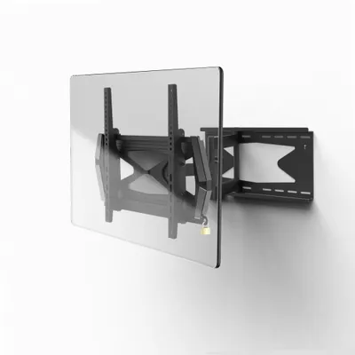 A black TV wall mount is attached to a transparent screen, which is mounted on a white wall.