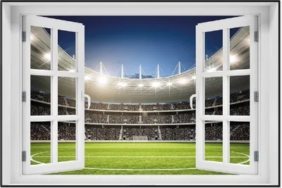 Produktbild von Wallario Wandbild mit Fenster-Illusion: Fußballstadion Mittellinie, Größe: 61 x 91,5 cm, Poster mit schwarzem Aluminiumrahmen