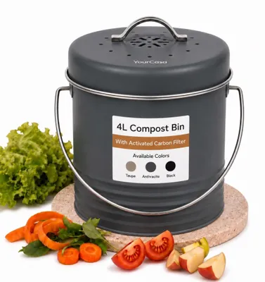 Image de Poubelle de cuisine, en métal, 4 litres, avec filtre actif, compacte, pour les déchets organiques