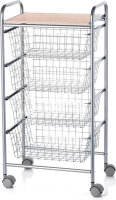 A multi-tiered wire basket cart with a wooden top, shown against a white background.