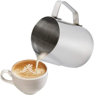 Produktbild von Milchkännchen, Milchkanne aus Edelstahl, zum Aufschäumen von Milch für Cappuccino und Latte, silberfarben, 350 ml