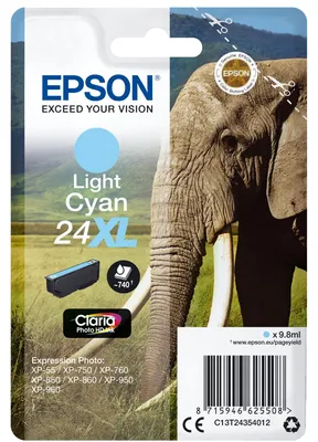 Obrázek produktu pro Epson Elephant Balíček s jedním inkoustem 24XL Slon Claria Photo HD Light Cyan, Vysoká (XL) výtěžnost, Světle azurová, Inkoust na pigmentové bázi, 9,8 ml, 1 kusů, 740 str.