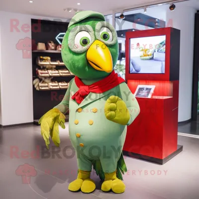 Produktbild von Maskottchen REDBROKOLY Kostümfigur Oliver Papagei bekleidet mit einer Hose und einer Geldbörse