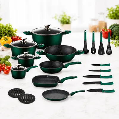 Produktbild von Edenberg 23-teiliges Kochgeschirrset,grüne Töpfe, Topf mit Deckel, Pfannen, Küchenutensilien, Mehrteiliges Set, für Induktionsherde, mit Deckel EB5602, KI-generiertes Bild