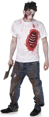 Zdjęcie produktu dla Koszulka zombie z żebrami Halloween biało-czerwona - M