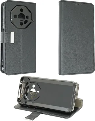 A collage of three images showing a black flip-style phone case from different angles.