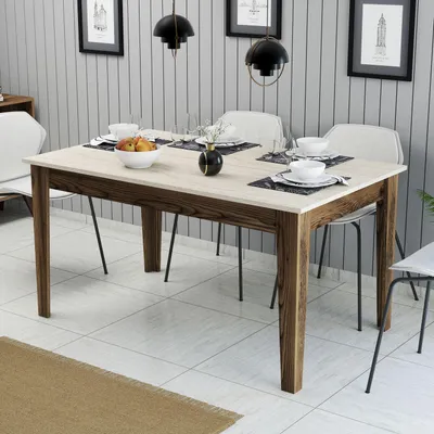 Produktbild von Skye Decor, Hochwertiger Esstisch, Walnuss & Travertin, 145 x 75 x 88 cm | 100% melaminbeschichtete Spanplatte, 18 mm dick | Elegantes Design für modernes Wohnen & Essbereiche.