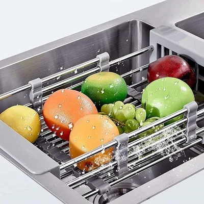 Produktbild von Teleskopierbarer Abtropfkorb aus Edelstahl, verstellbarer Geschirrabtropfkorb für Spülbecken, ausziehbarer Küchenabtropfkorb für Obst und Gemüse