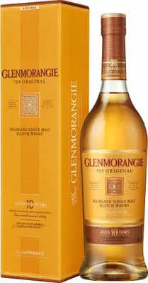 A bottle of Glenmorangie The Original 10 Year Old Highland Single Malt Scotch Whisky and its accompanying gift box.