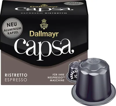 A product shot of Dallmayr Capsa Espresso Ristretto coffee capsules and their packaging.