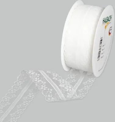 Produktbild von Spitzenband gebrochenes Weiß, 36 mm breit, 15 m lang, mit Ranken-Muster und gewellten Kanten