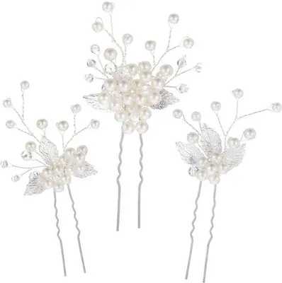 Productafbeelding van Ibenzoa® 3-delige set bruidshaarnaden – zilverkleurige haarnaden van metaallegering met kunstparels en strass, vintage haaraccessoires voor een bruiloft