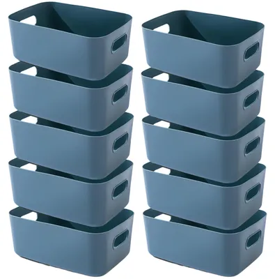 Image de Lot de 10 bacs de rangement bleus, paniers en plastique avec poignées, 30,5 × 20 × 12 cm, rangement pour salle de bain, bacs de rangement pour placards de cuisine, paniers, bacs de rangement en plastique